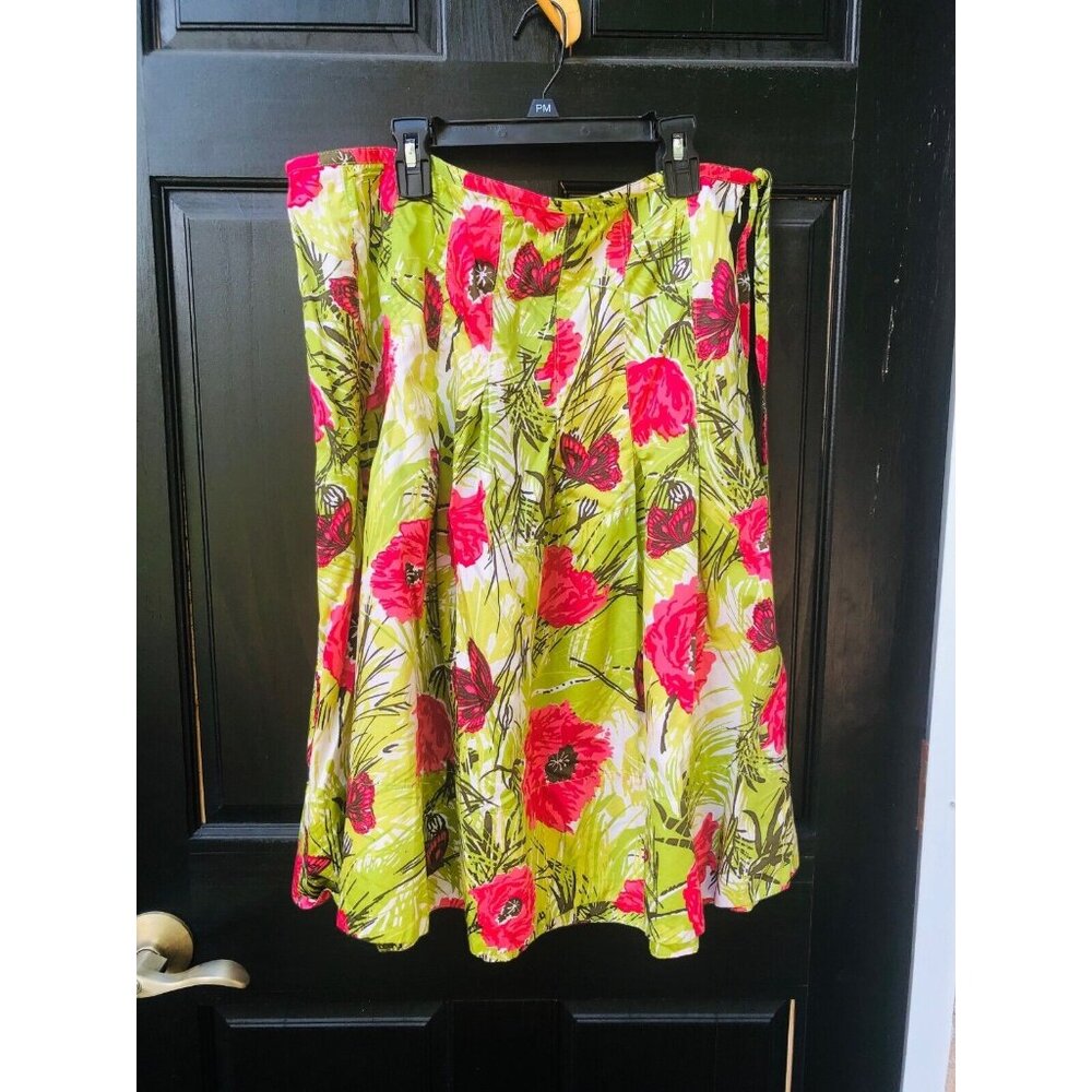 Vintage Talbots Pleated Cotton Floral Skirt Large Pink Flowers Butterfly Size 12